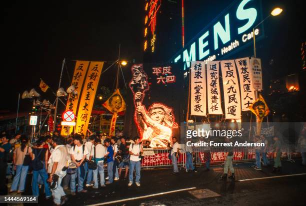View of pro-democracy protesters in Hong Kong, July 1997.