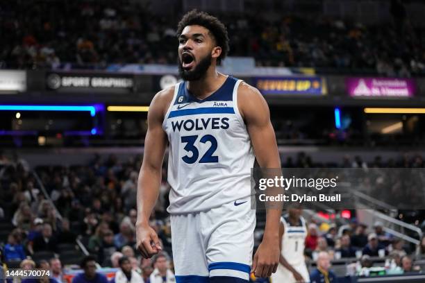 Karl-Anthony Towns of the Minnesota Timberwolves reacts in the fourth quarter against the Indiana Pacers at Gainbridge Fieldhouse on November 23,...