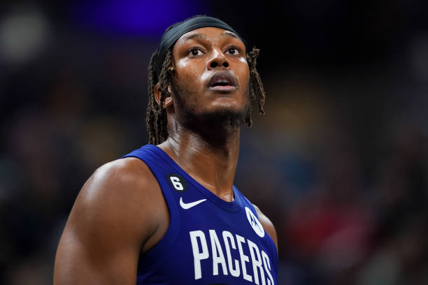 Myles Turner of the Indiana Pacers looks on in the second quarter against the Minnesota Timberwolves at Gainbridge Fieldhouse on November 23, 2022 in...