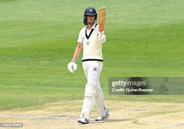 Sam Elliott of Victoria celebrates reaching 50 runs during the Sheffield Shield match between Victoria and Tasmania at Melbourne Cricket Ground, on...