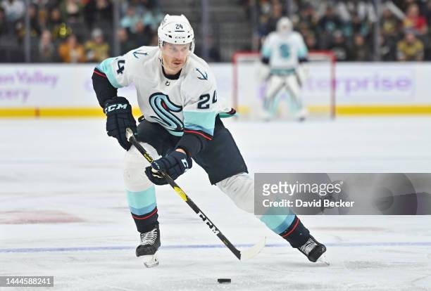 Jamie Oleksiak of the Seattle Kraken skates during the second period against the Vegas Golden Knights at T-Mobile Arena on November 25, 2022 in Las...