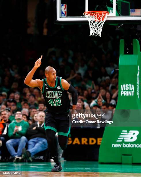 Al Horford of the Boston Celtics reacts after scoring during the second quarter of the game against the Sacramento Kings at TD Garden on November 25,...