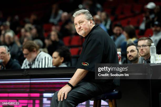 Head coach Bob Huggins of theWest Virginia Mountaineers watches from the sideline during the first half Portland State Vikings at Moda Center on...