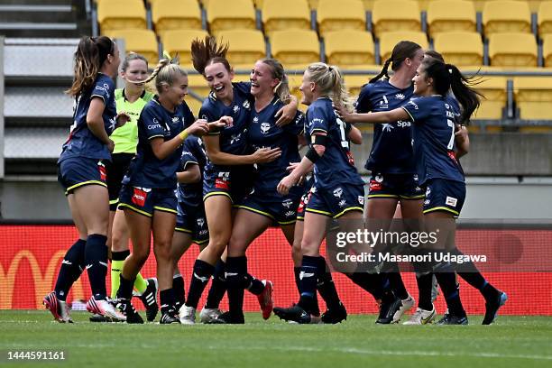 Marisa van der Meer of the Phoenix celebrates after scoring a goal during the round two A-League Women's match between Wellington Phoenix and Western...