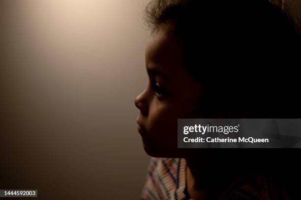 darkened pensive portrait silhouette of cute mixed-race girl - curls girl silhouette ストックフォトと画像