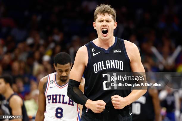 Moritz Wagner of the Orlando Magic reacts against the Philadelphia 76ers during the third quarter at Amway Center on November 25, 2022 in Orlando,...