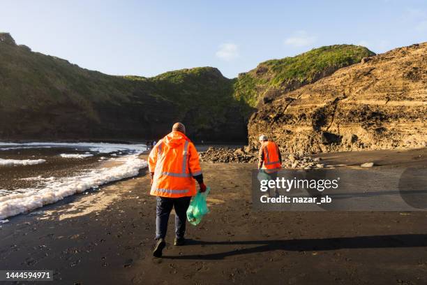 ecology charity, volunteers working at beach. - social responsibility stock pictures, royalty-free photos & images