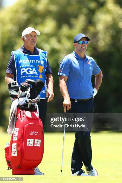 Adam Scott of Australia and caddie Steve Williams during Day 3 of the 2022 Australian PGA Championship at the Royal Queensland Golf Club on November...