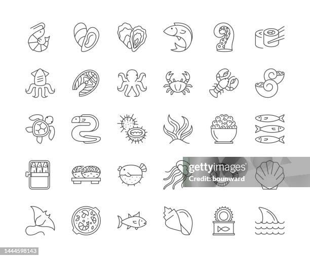 stockillustraties, clipart, cartoons en iconen met seafood line icons. editable stroke. - oysters