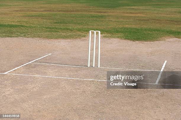 view of a cricket crease - crease cricket field stockfoto's en -beelden