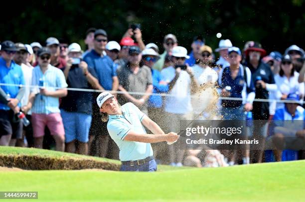 Cameron Smith of Australia plays a shot out of the bunker on the 9th hole during Day 3 of the 2022 Australian PGA Championship at the Royal...