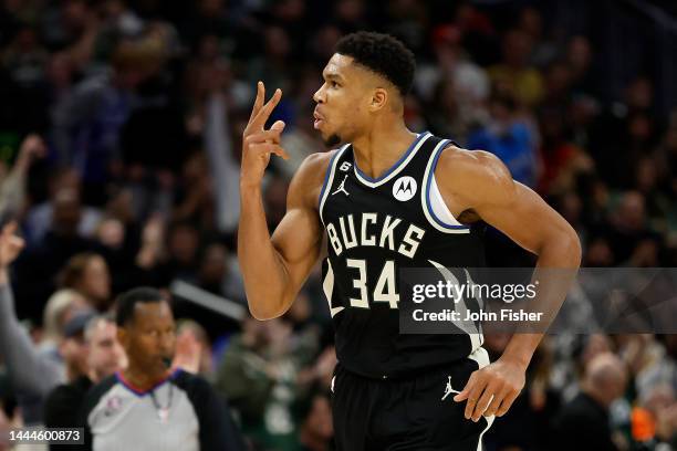 Giannis Antetokounmpo of the Milwaukee Bucks reacts toward the crowd after a score during the second half of the game against the Cleveland Cavaliers...