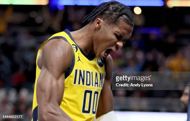 Bennedict Mathurin of the Indiana Pacers celebrates against the Brooklyn Nets at Gainbridge Fieldhouse on November 25, 2022 in Indianapolis, Indiana....