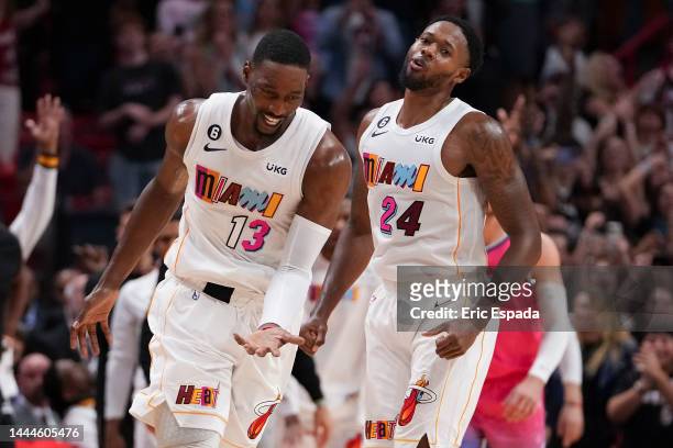 Bam Adebayo of the Miami Heat celebrates after being fouled during the second half against the Washington Wizards at FTX Arena on November 25, 2022...
