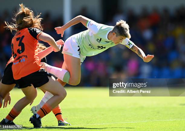 Michelle Heyman of Canberra is fouled during the round two A-League Women's match between the Brisbane Roar and Canberra United at Perry Park, on...