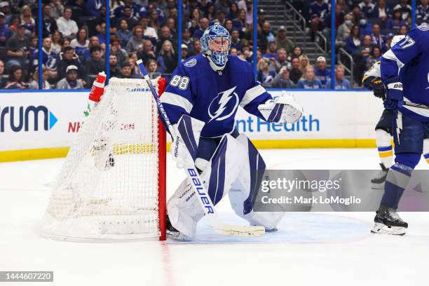 Andrei Vasilevskiy of the Tampa Bay Lightning against the St Louis Blues during the second period at Amalie Arena on November 25, 2022 in Tampa,...