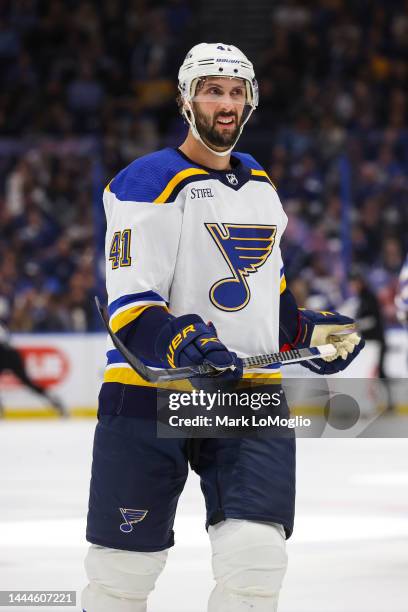 Robert Bortuzzo of the St Louis Blues against the Tampa Bay Lightning at Amalie Arena on November 25, 2022 in Tampa, Florida.