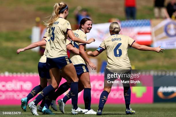 Sarah Griffith of the Jets celebrates scoring a goal during the round two A-League Women's match between the Newcastle Jets and Western Sydney...