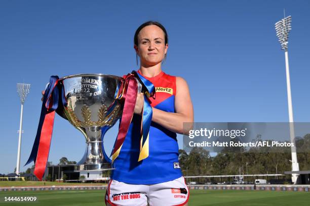 Daisy Pearce of the Demons poses with the trophy after a press conference ahead of the AFLW Grand Final between the Melbourne Demons and the Brisbane...