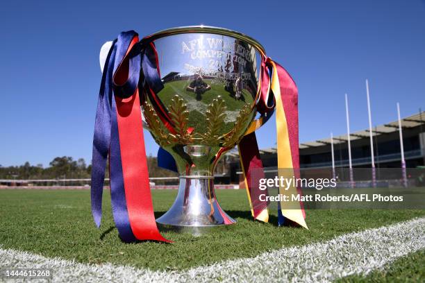 The AFLW premiership trophy is seen after a press conference ahead of the AFLW Grand Final between the Brisbane Lions and the Melbourne Demons at...