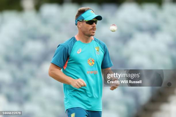 David Warner of Australia prepares to bowl at a training session at the WACA ground ahead of the first Test match against the West Indies at WACA on...