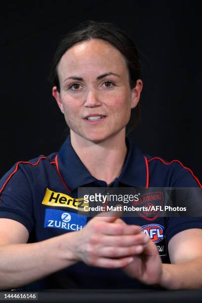 Daisy Pearce of the Demons speaks during a press conference ahead of the AFLW Grand Final between the Brisbane lions and the Melbourne Demons at...