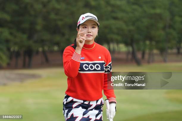 Yuting Seki of China reacts after a putt on the 18th green during the third round of the JLPGA Tour Championship Ricoh Cup at Miyazaki Country Club...