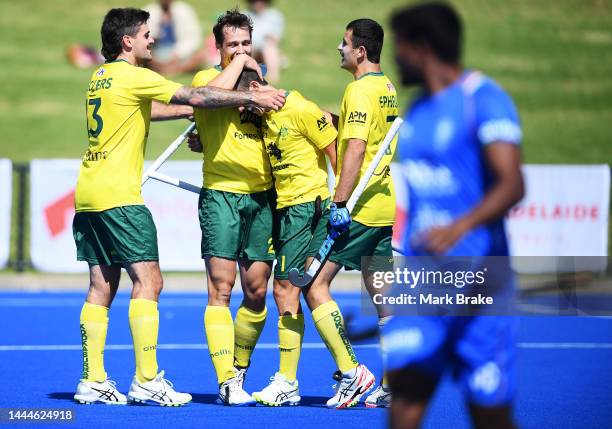 Lachlan Sharp of the Kookaburras celebrates scoring his teams first goalduring game 1 of the International Hockey Test Series between Australia and...