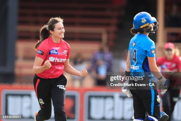 Kate Peterson of the Sixers celebrates the wicket of Laura Wolvaardt of the Strikers during the Women's Big Bash League Final between the Sydney...