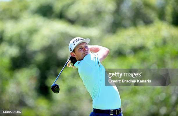 Cameron Smith of Australia plays a shot on the 9th hole during Day 3 of the 2022 Australian PGA Championship at the Royal Queensland Golf Club on...