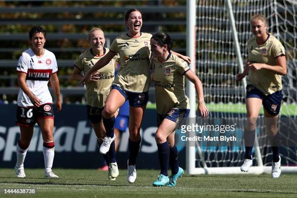 Sarah Griffith of the Jets celebrates scoring her thirdgoal during the round two A-League Women's match between the Newcastle Jets and Western Sydney...