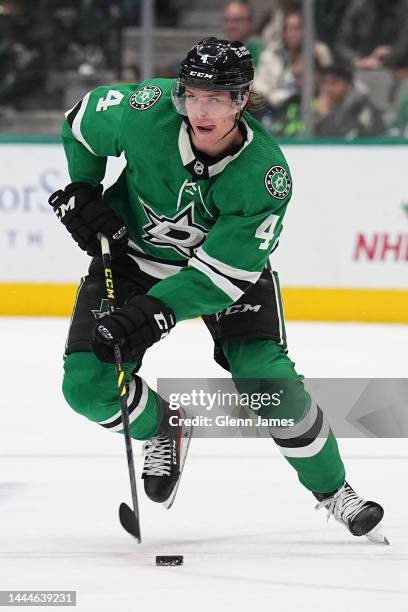 Miro Heiskanen of the Dallas Stars handles the puck against the Colorado Avalanche at the American Airlines Center on November 21, 2022 in Dallas,...