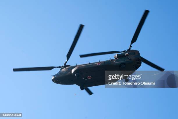 Chinook helicopter flies during the joint Japan Ground Self-Defense Force and British Army field exercise "Vigilant Isles 22" at Soumagahara...