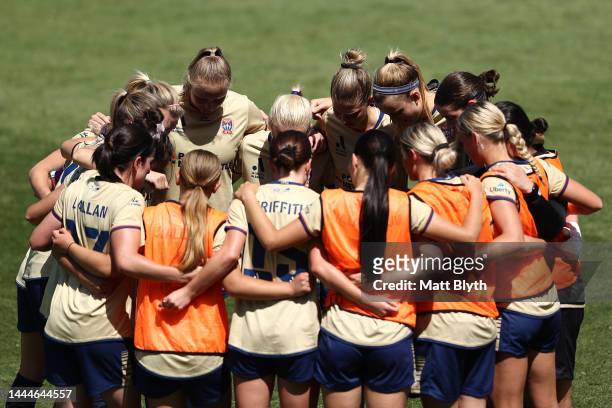 Jets team members huddle before the round two A-League Women's match between the Newcastle Jets and Western Sydney Wanderers at Scully Park on...