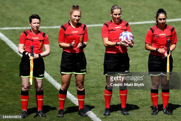 Referee Kelly Jones looks on before the round two A-League Women's match between the Newcastle Jets and Western Sydney Wanderers at Scully Park on...
