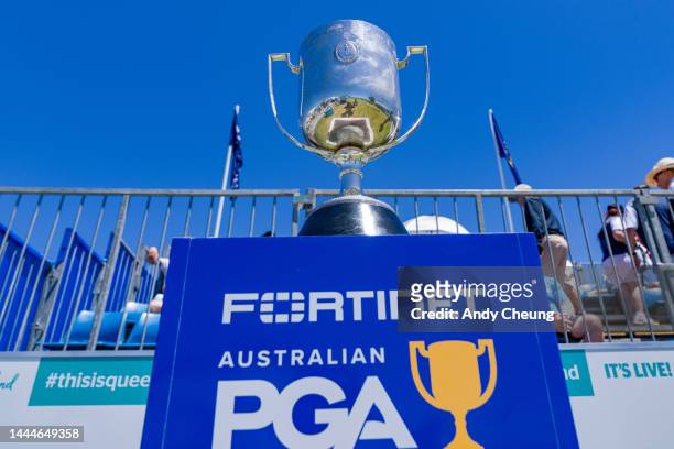 The trophy of Australian PGA Championship is on display during Day 3 of the 2022 Australian PGA Championship at the Royal Queensland Golf Club on...