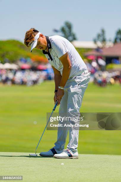 Yan Wei Liu of China plays his putt on the 1st green during Day 3 of the 2022 Australian PGA Championship at the Royal Queensland Golf Club on...