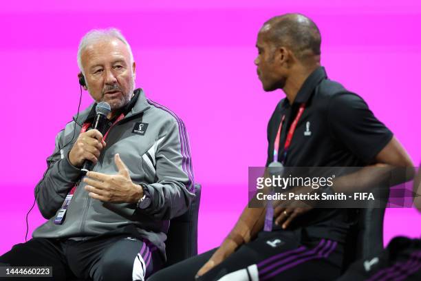Technical Study Group members Alberto Zaccheroni of Italy and Sunday Oliseh of Nigeria attend the Technical Study Group Media Briefing Press...