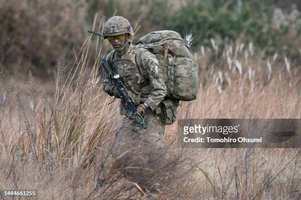 Member of the Japan Ground Self-Defense Force takes part in the field exercise "Vigilant Isles 22" that is jointly held with the British Army at...