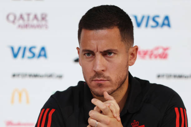 Eden Hazard of Belgium reacts during the Belgium Press Conference at the Main Media Center on November 26, 2022 in Doha, Qatar.