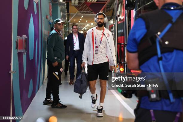 Yassine Meriah of Tunisia arrives at the stadium prior to the FIFA World Cup Qatar 2022 Group D match between Tunisia and Australia at Al Janoub...