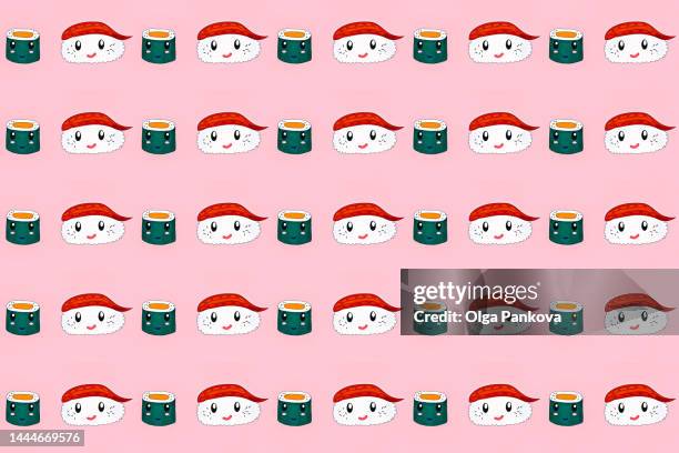 pattern with maki sushi rolls and octopus nigiri sushi, illustration - rice cereal cartoon stock pictures, royalty-free photos & images