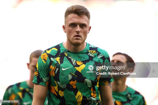 Harry Souttar of Australia warms up prior to the FIFA World Cup Qatar 2022 Group D match between Tunisia and Australia at Al Janoub Stadium on...