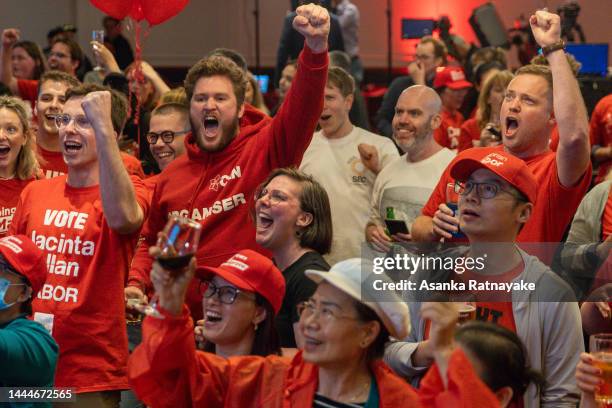 Labour party supporters cheer after the ABC had projected a Labour party win on November 26, 2022 in Melbourne, Australia. Victoria went to the polls...