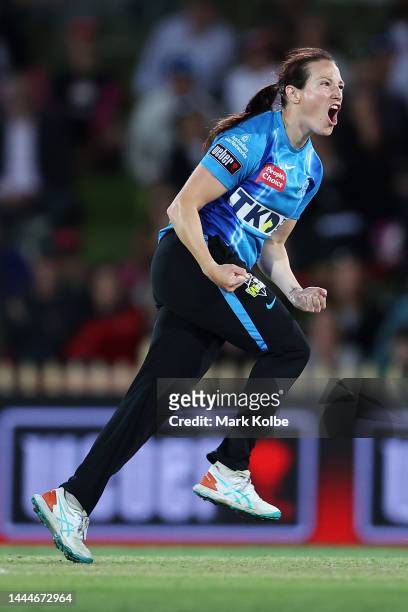 Megan Schutt of the Strikers celebrates taking the wicket of Sophie Ecclestone s during the Women's Big Bash League Final between the Sydney Sixers...