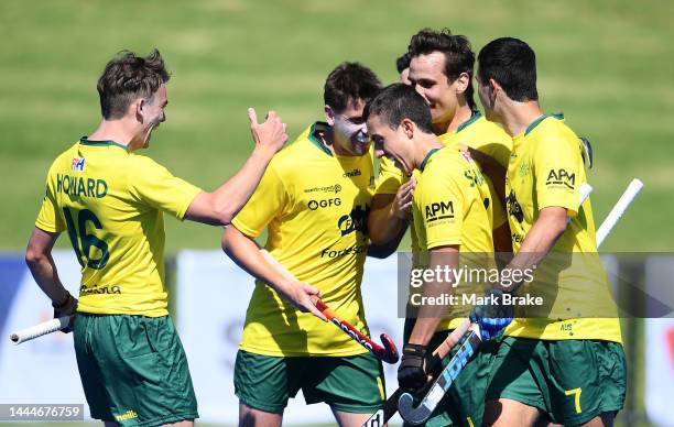 Lachlan Sharp of the Kookaburras celebrates scoring a goal during game 1 of the International Hockey Test Series between Australia and India at MATE...