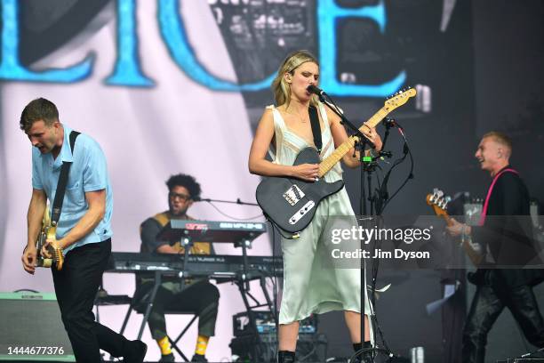 Ellie Rowsell, Theo Ellis and Joff Oddie of Wolf Alice perform on the Pyramid Stage during day three of Glastonbury Festival at Worthy Farm, Pilton...