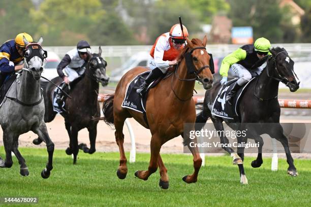 John Allen riding Vow And Declare winning Race 7, the Herald Sun Zipping Classic, during Melbourne Racing at Caulfield Racecourse on November 26,...