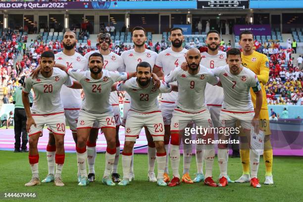 The Tunisia starting eleven line up for a team photo prior to kick off, back row ; Aissa Laidouni, Ellyes Skhiri, Montassar Omar Talbi, Yassine...