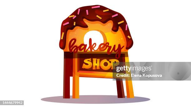 baking concept in cartoon style. bakery shop signboard on isolated white background. - blueberry muffin stock illustrations